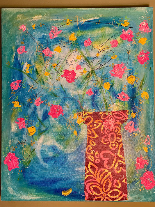 16"x20" Pink & Yellow Floral Canvas on Blue Background