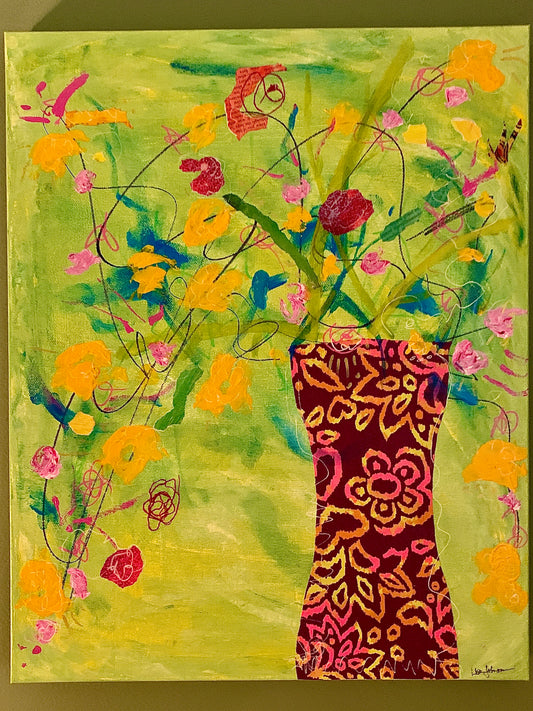 16"x20" Pink & Yellow Floral Canvas on Green Background