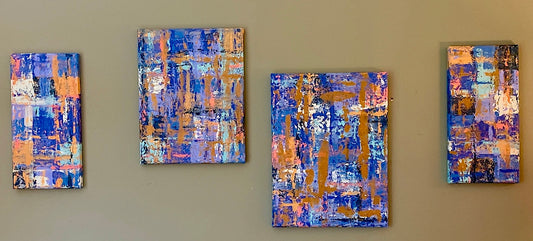 Set of 4 Paintings in Blues & Gold